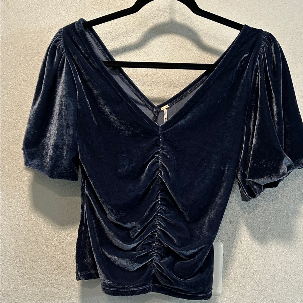 Free People Navy Velvet Ruched Blouse